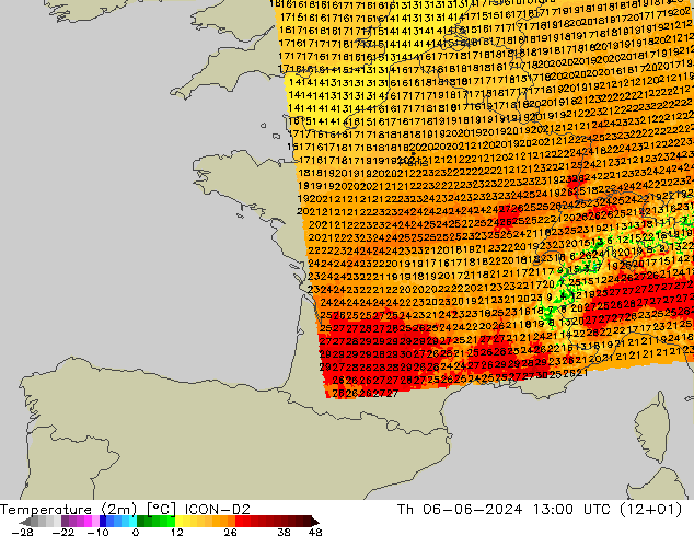 Temperature (2m) ICON-D2 Čt 06.06.2024 13 UTC