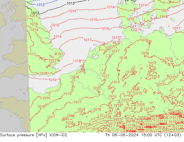 Surface pressure ICON-D2 Th 06.06.2024 15 UTC