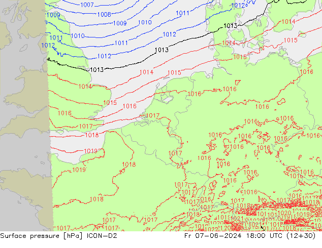 Atmosférický tlak ICON-D2 Pá 07.06.2024 18 UTC