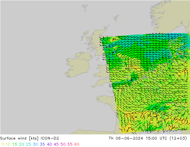 wiatr 10 m ICON-D2 czw. 06.06.2024 15 UTC