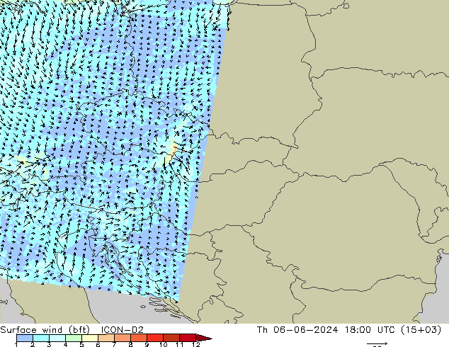 Surface wind (bft) ICON-D2 Th 06.06.2024 18 UTC