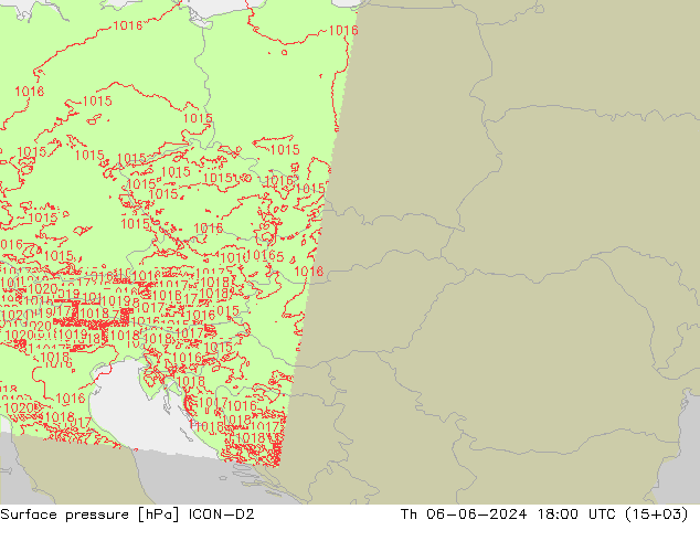 Surface pressure ICON-D2 Th 06.06.2024 18 UTC