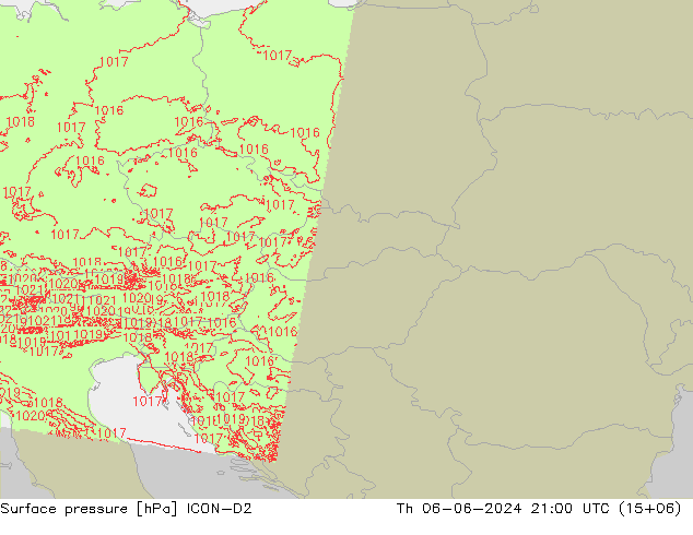 Surface pressure ICON-D2 Th 06.06.2024 21 UTC