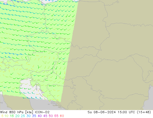 Vento 850 hPa ICON-D2 Sáb 08.06.2024 15 UTC