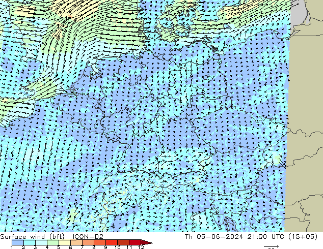 Surface wind (bft) ICON-D2 Čt 06.06.2024 21 UTC