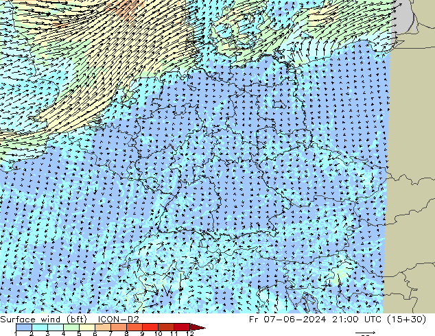 Surface wind (bft) ICON-D2 Fr 07.06.2024 21 UTC