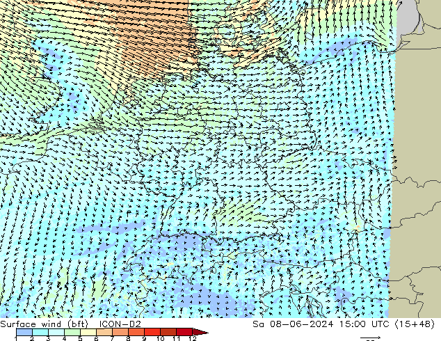 Vent 10 m (bft) ICON-D2 sam 08.06.2024 15 UTC