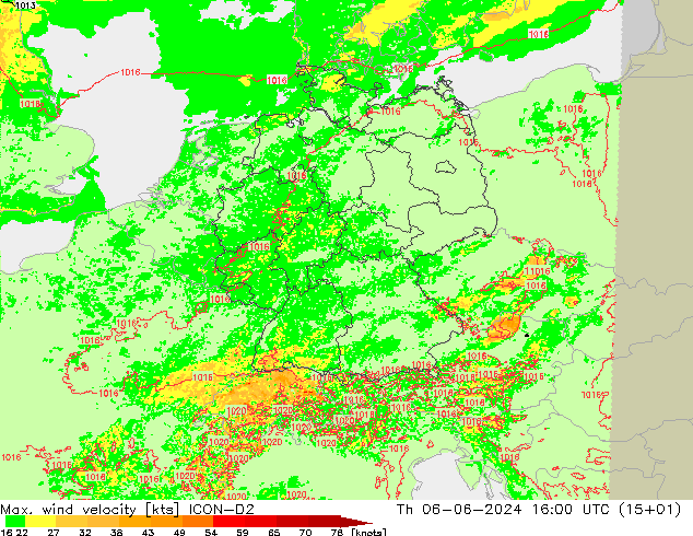 Maks. Rüzgar Hızı ICON-D2 Per 06.06.2024 16 UTC