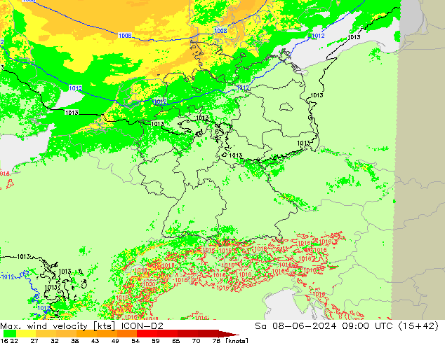 Max. wind velocity ICON-D2 sáb 08.06.2024 09 UTC