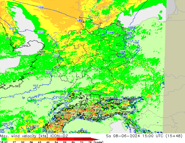 Max. wind velocity ICON-D2 сб 08.06.2024 15 UTC