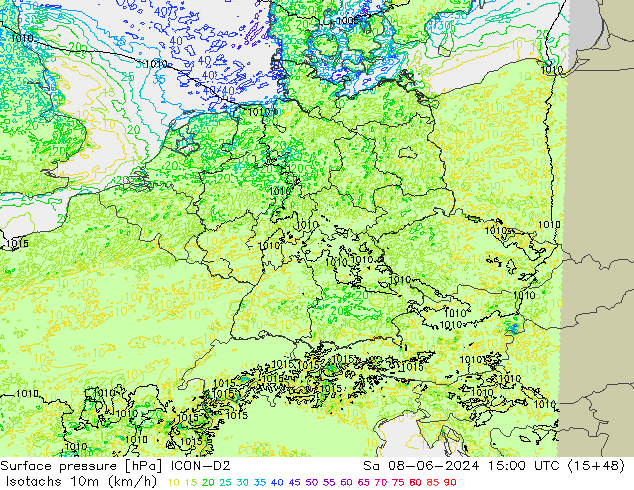 Isotachs (kph) ICON-D2 So 08.06.2024 15 UTC