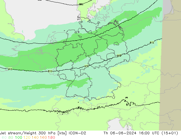 Jet stream/Height 300 hPa ICON-D2 Th 06.06.2024 16 UTC