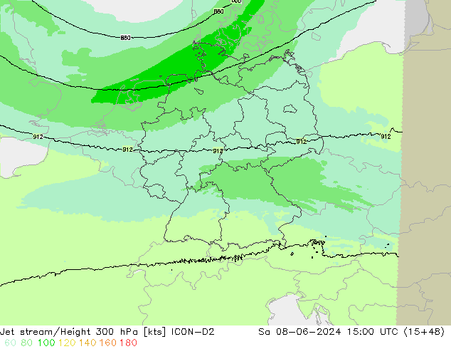 Corriente en chorro ICON-D2 sáb 08.06.2024 15 UTC