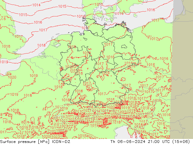 Atmosférický tlak ICON-D2 Čt 06.06.2024 21 UTC