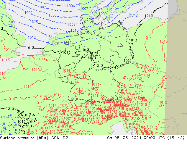 Atmosférický tlak ICON-D2 So 08.06.2024 09 UTC