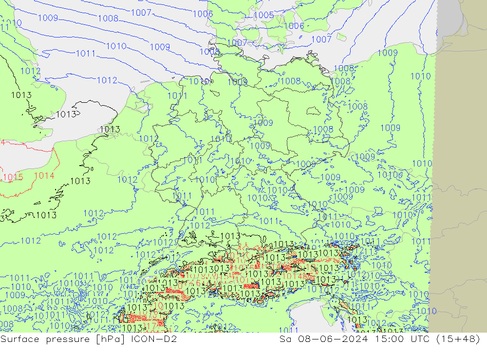 Surface pressure ICON-D2 Sa 08.06.2024 15 UTC