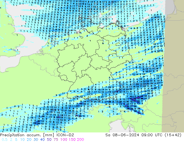 Precipitation accum. ICON-D2 So 08.06.2024 09 UTC