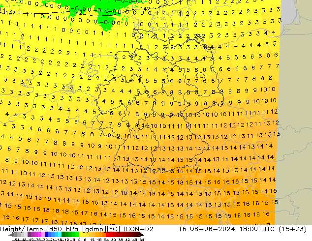 Height/Temp. 850 hPa ICON-D2 Qui 06.06.2024 18 UTC