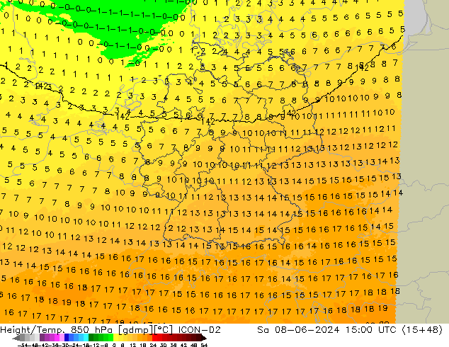 Height/Temp. 850 hPa ICON-D2 Sa 08.06.2024 15 UTC