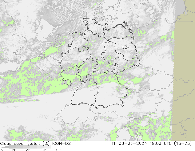 Cloud cover (total) ICON-D2 Čt 06.06.2024 18 UTC