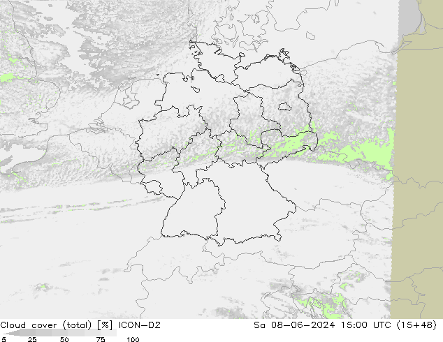 Cloud cover (total) ICON-D2 Sa 08.06.2024 15 UTC