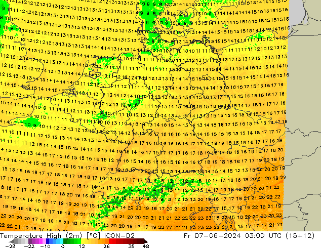 Max.temperatuur (2m) ICON-D2 vr 07.06.2024 03 UTC