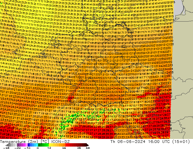 Temperature (2m) ICON-D2 Th 06.06.2024 16 UTC