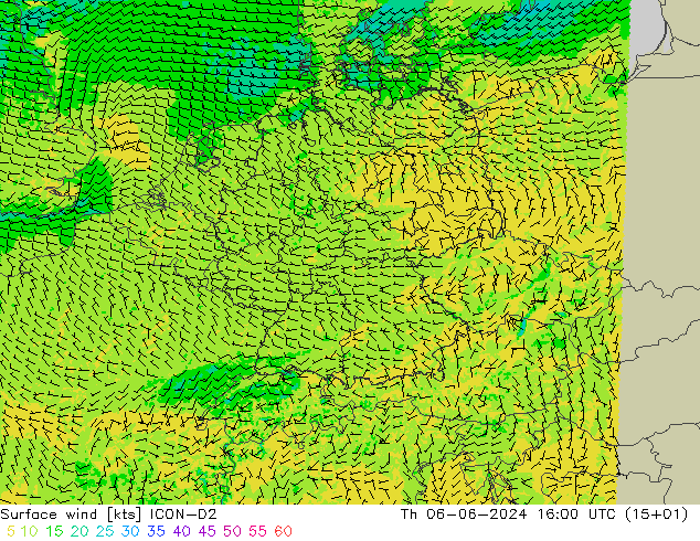 风 10 米 ICON-D2 星期四 06.06.2024 16 UTC