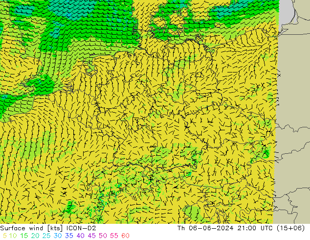 Vento 10 m ICON-D2 gio 06.06.2024 21 UTC