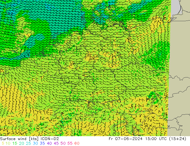 Vento 10 m ICON-D2 ven 07.06.2024 15 UTC