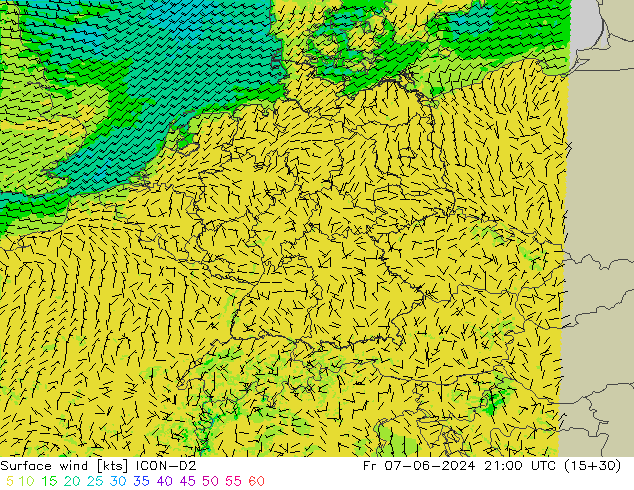 Surface wind ICON-D2 Fr 07.06.2024 21 UTC