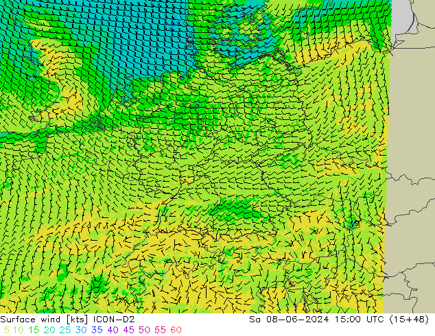 Viento 10 m ICON-D2 sáb 08.06.2024 15 UTC