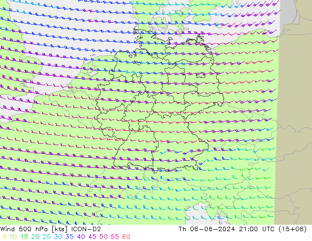 Vento 500 hPa ICON-D2 Qui 06.06.2024 21 UTC