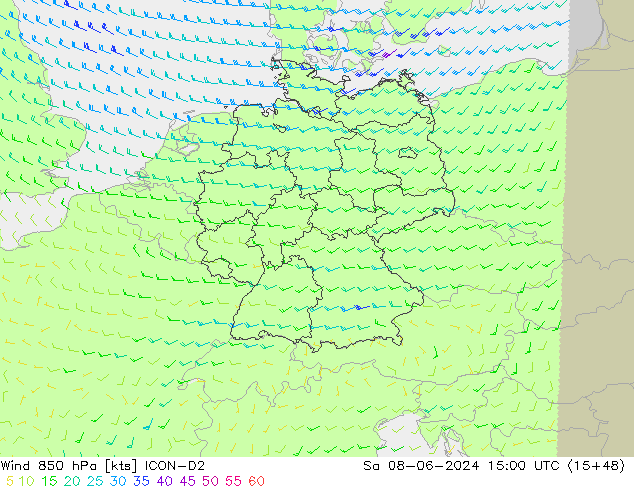 Wind 850 hPa ICON-D2 Sa 08.06.2024 15 UTC