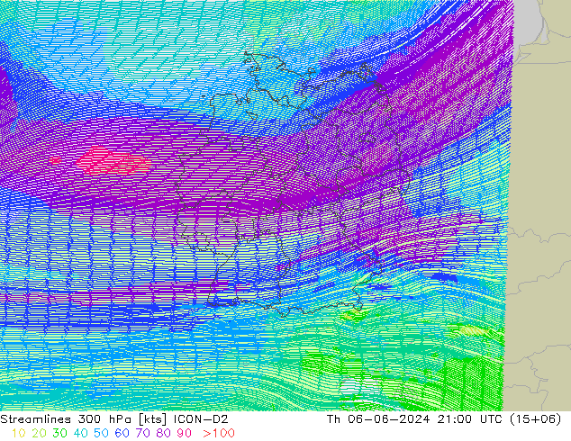 Streamlines 300 hPa ICON-D2 Čt 06.06.2024 21 UTC