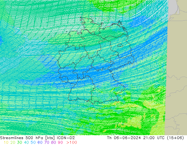 Stromlinien 500 hPa ICON-D2 Do 06.06.2024 21 UTC