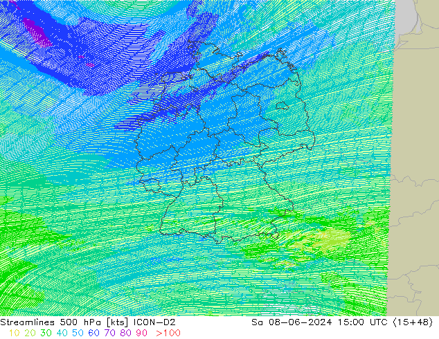 Streamlines 500 hPa ICON-D2 Sa 08.06.2024 15 UTC