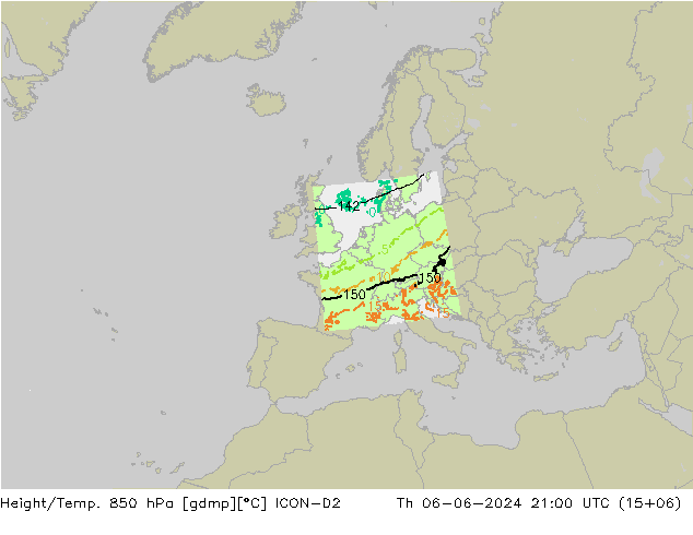 Height/Temp. 850 hPa ICON-D2 Čt 06.06.2024 21 UTC