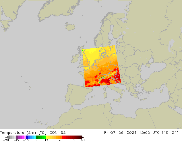 Temperaturkarte (2m) ICON-D2 Fr 07.06.2024 15 UTC