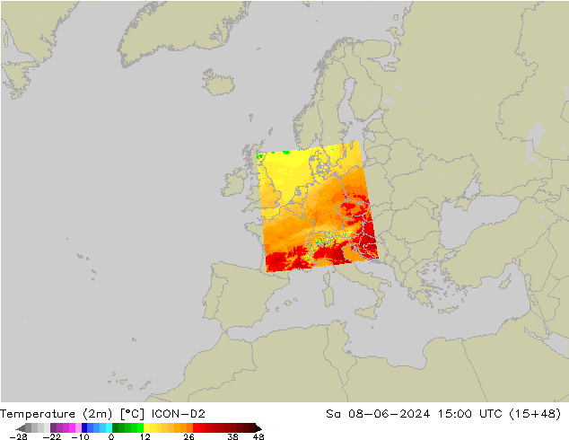 mapa temperatury (2m) ICON-D2 so. 08.06.2024 15 UTC