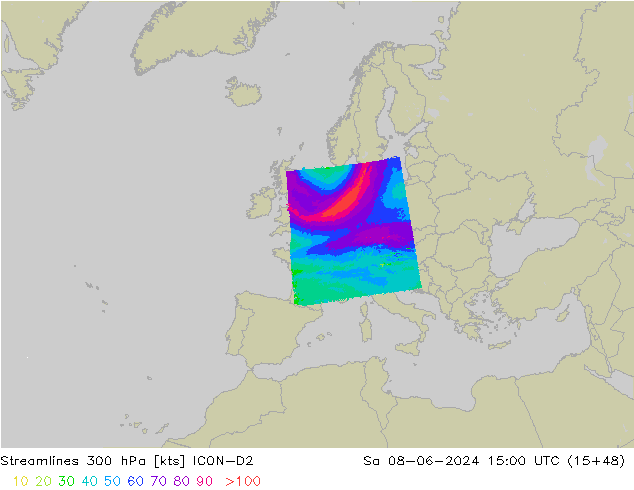 Streamlines 300 hPa ICON-D2 So 08.06.2024 15 UTC