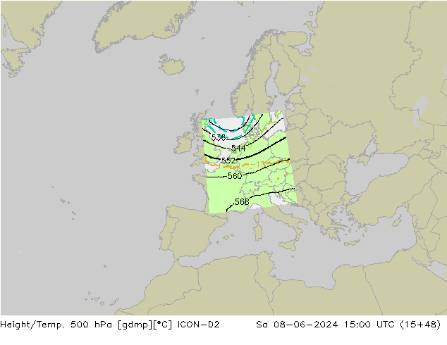 Height/Temp. 500 hPa ICON-D2 Sa 08.06.2024 15 UTC