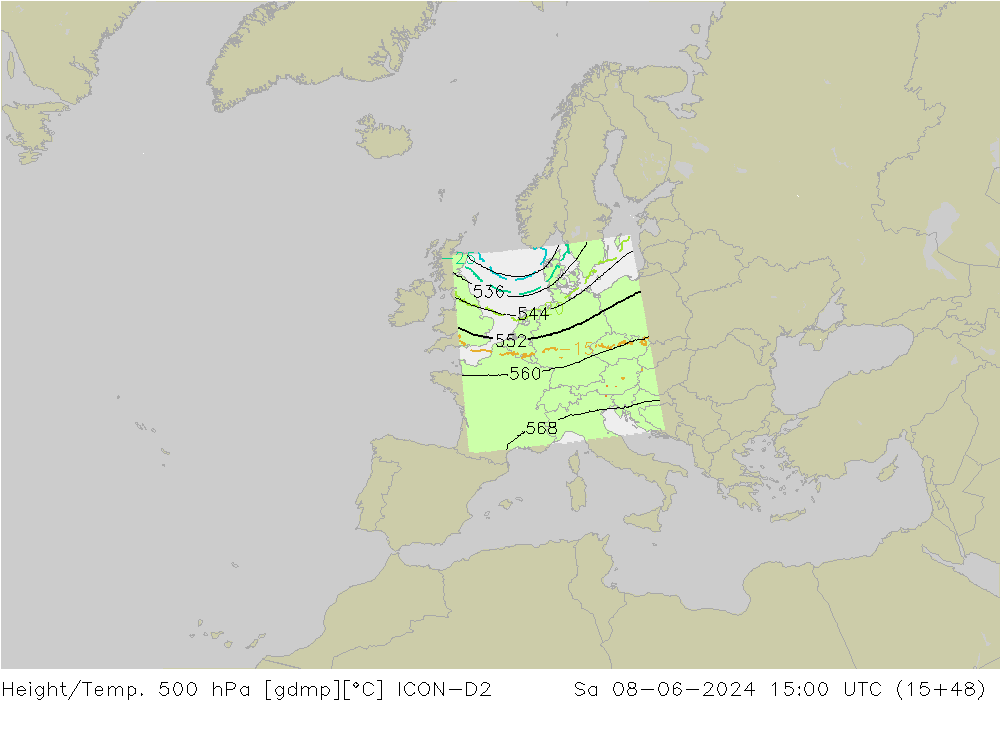 Height/Temp. 500 hPa ICON-D2 Sa 08.06.2024 15 UTC