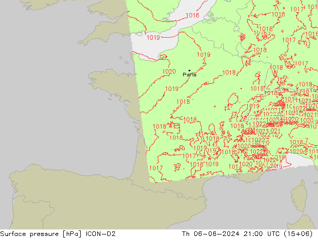 Pressione al suolo ICON-D2 gio 06.06.2024 21 UTC