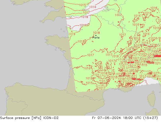 Presión superficial ICON-D2 vie 07.06.2024 18 UTC