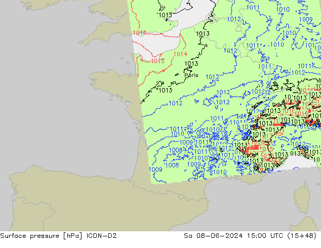 Presión superficial ICON-D2 sáb 08.06.2024 15 UTC