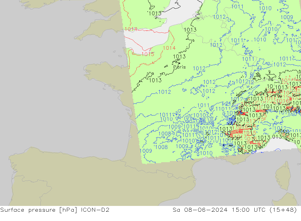 Surface pressure ICON-D2 Sa 08.06.2024 15 UTC