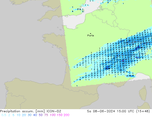 Precipitation accum. ICON-D2 sab 08.06.2024 15 UTC