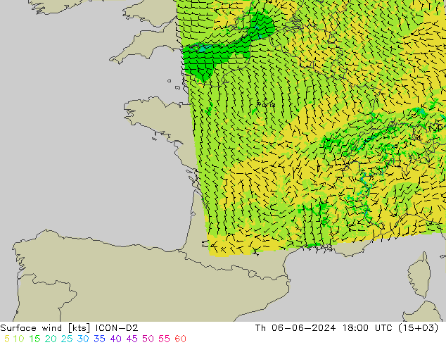 Surface wind ICON-D2 Th 06.06.2024 18 UTC