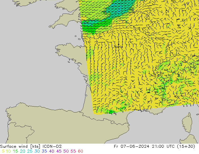 Vento 10 m ICON-D2 Sex 07.06.2024 21 UTC